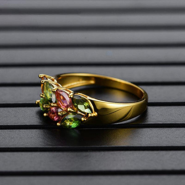 Sterling Silver Gold Natural Stone Tourmaline Multicolor Leaflet Ring