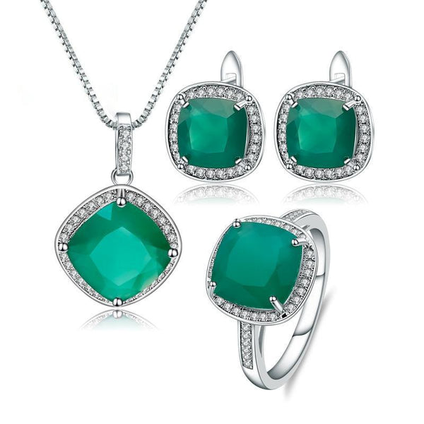 Sterling Silver Green Agate Halo Jewelry Set