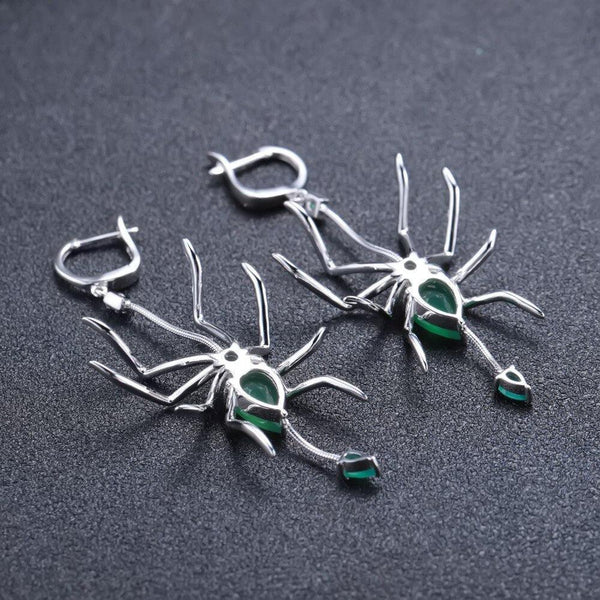 Sterling Silver Green Agate Spider Drop Earrings