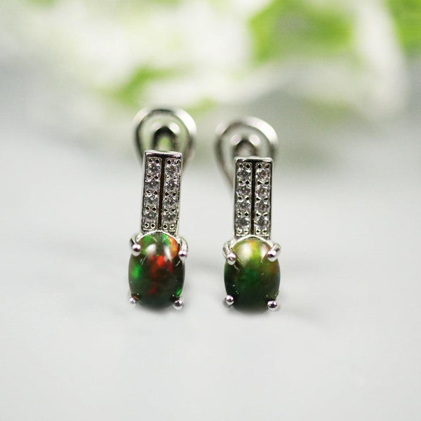 Sterling Silver Natural Stone Black Opal Pave CZ Dangle Earrings