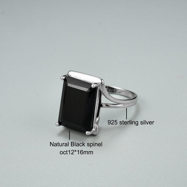 Sterling Silver Natural Stone Black Spinel Big Gem Statement Ring