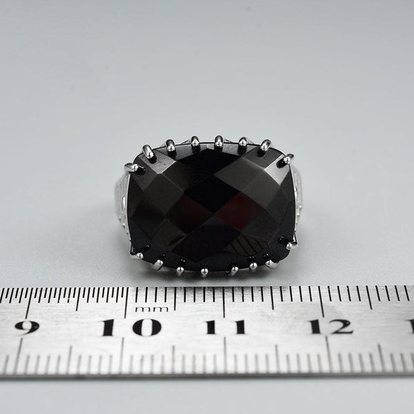 Sterling Silver Natural Stone Black Spinel Checkerboard Cut Big Stone Statement Ring