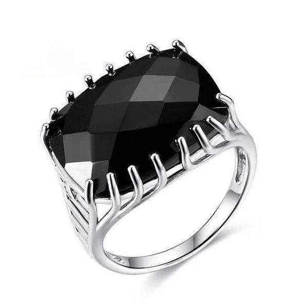 Sterling Silver Natural Stone Black Spinel Checkerboard Cut Big Stone Statement Ring