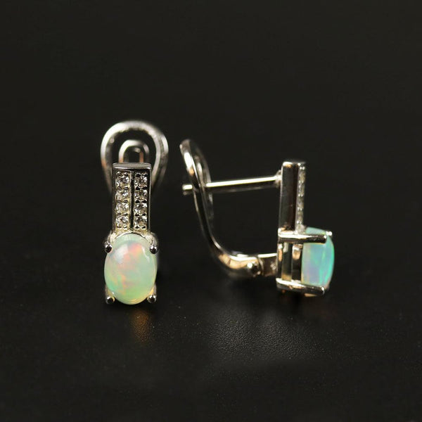 Sterling Silver Natural Stone Ethiopia Opal Pave CZ Dangle Earrings