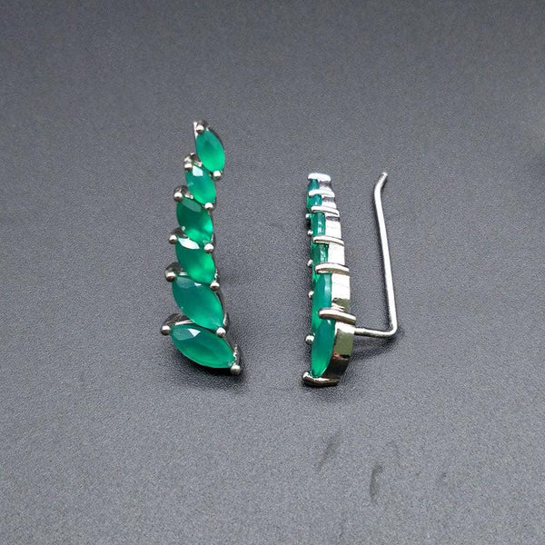 Sterling Silver Natural Stone Green Agate Marquise Ear Crawler Earrings