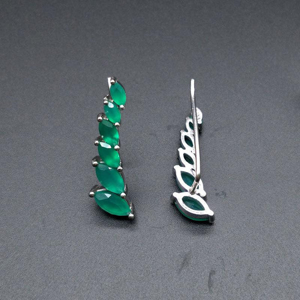 Sterling Silver Natural Stone Green Agate Marquise Ear Crawler Earrings