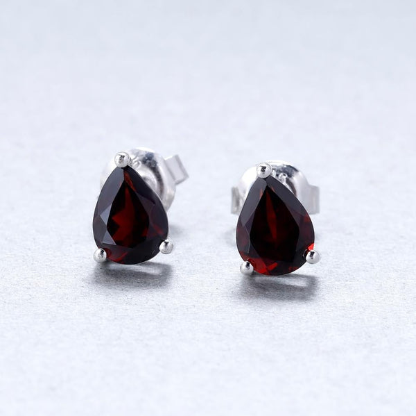 Sterling Silver Pear Red Garnet Stud Earrings