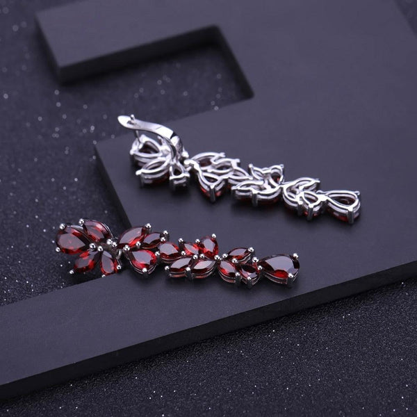 Sterling Silver Red Garnet Leaflet Dangle Earrings