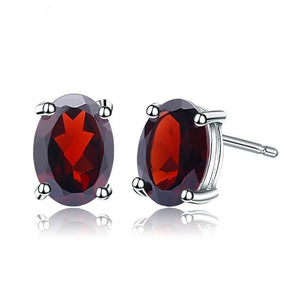 Sterling Silver Red Garnet Oval Stud Earrings