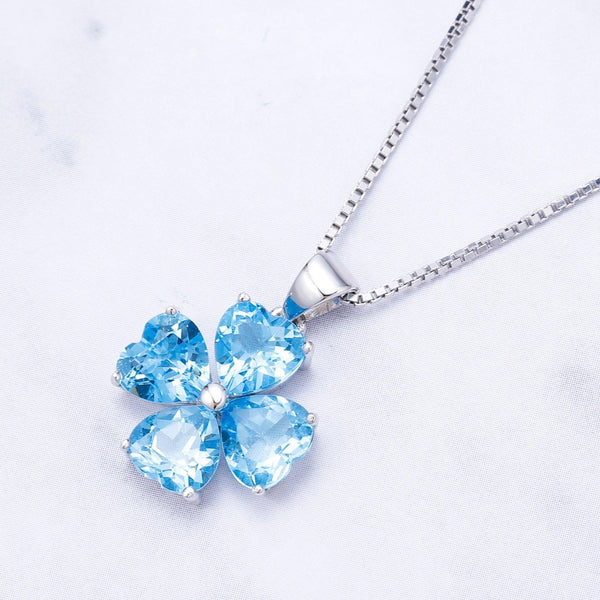 Sterling Silver Swiss Blue Topaz Heart Clover Pendant Necklace