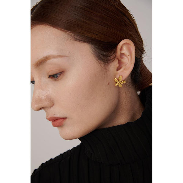 Textured Gold Metallic Flower BOHO Maxi Stud Earrings