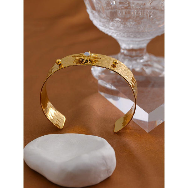Textured Gold Metallic Star Pendant Wide Cuff Bangle Bracelet