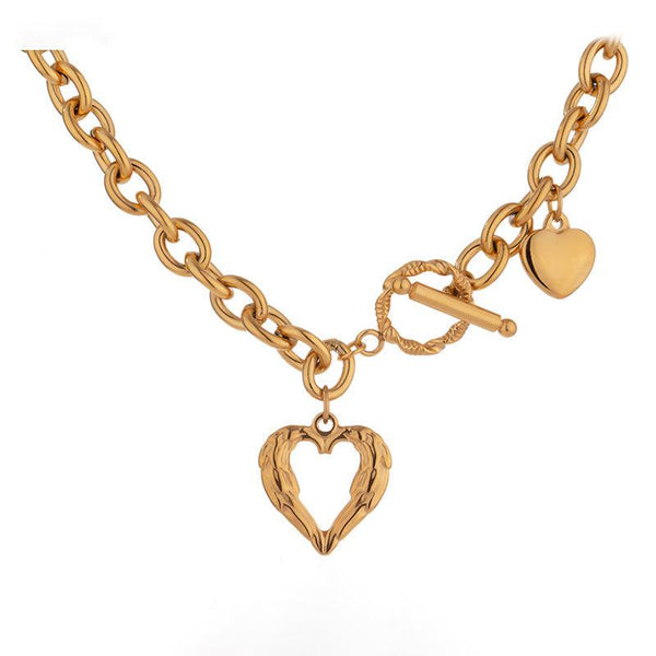 Textured Metal Golden Metallic Angel Heart Charm Pendant Necklace
