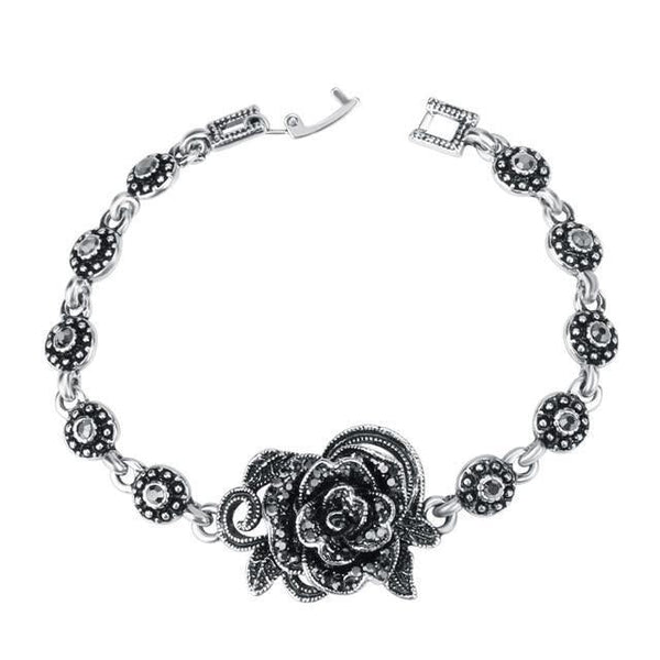 Vintage Design Silver Rose Link Bracelet
