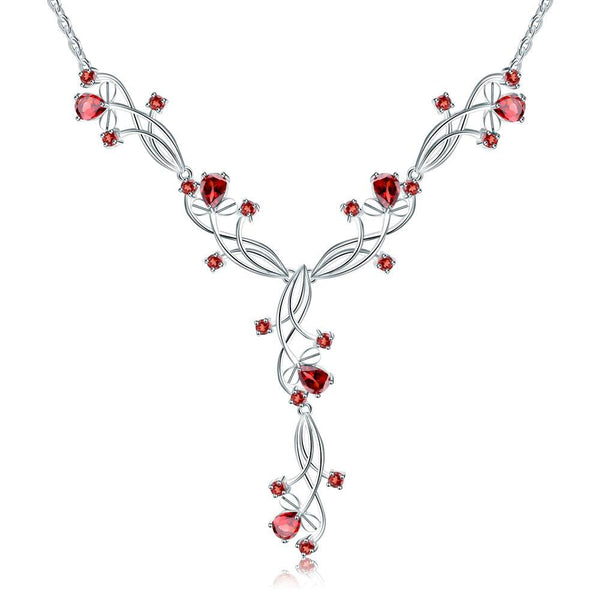 Vintage Design Sterling Silver Red Garnet Statement Necklace