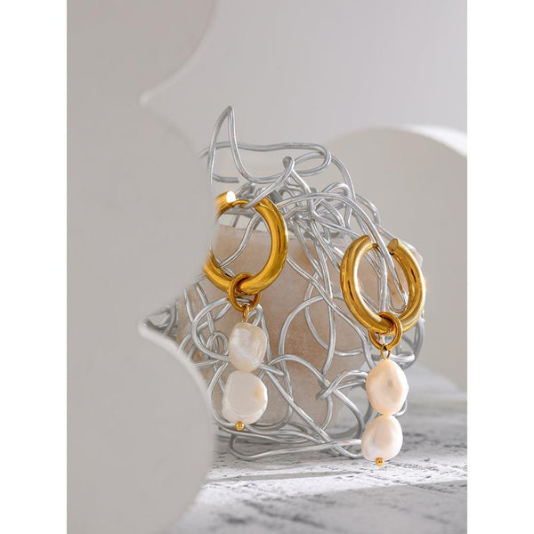 Vintage Style Double Pearl Drop Golden Metallic Dangle Earrings