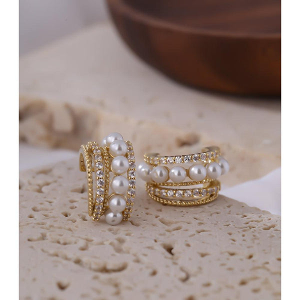 Vintage Style Wide Cuff Pearl Pave CZ Crescent Hoop Dangle Earrings