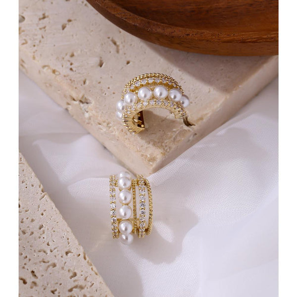 Vintage Style Wide Cuff Pearl Pave CZ Crescent Hoop Dangle Earrings