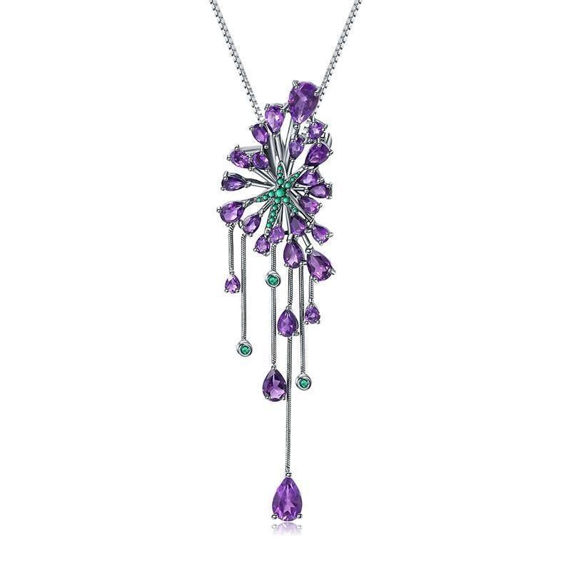 Amethyst and Emerald Starburst Pendant Necklace in Sterling Silver - Lucid Fantasy 