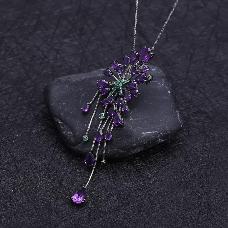 Amethyst and Emerald Starburst Pendant Necklace in Sterling Silver - Lucid Fantasy 