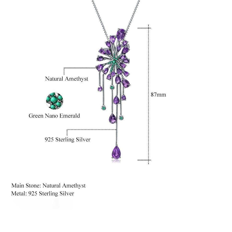 Amethyst and Emerald Starburst Pendant Necklace in Sterling Silver - Lucid Fantasy 