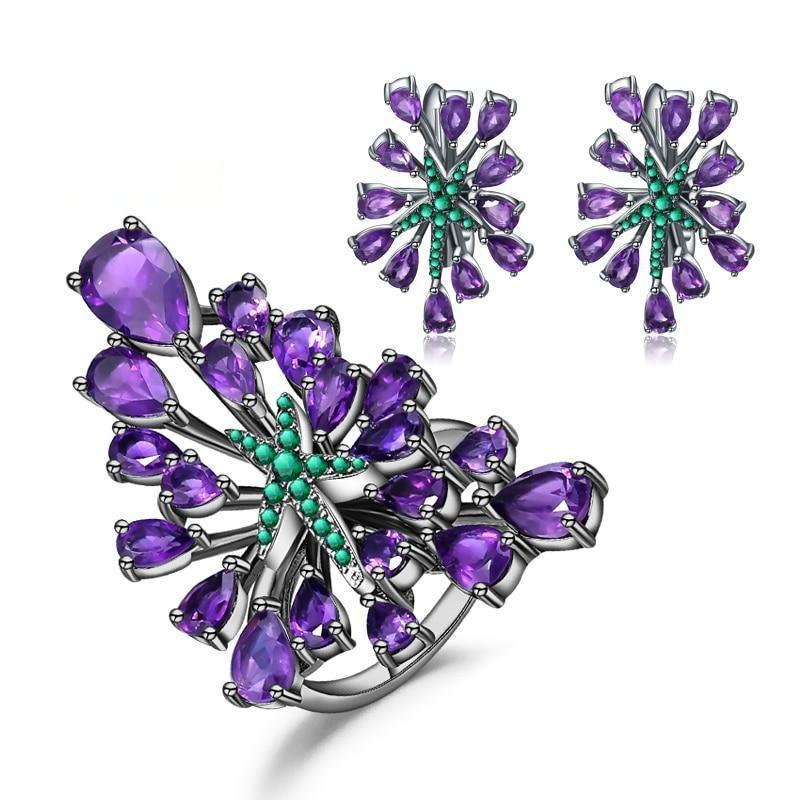 Amethyst Starburst Sterling Silver Ring and Earring Set - Lucid Fantasy 