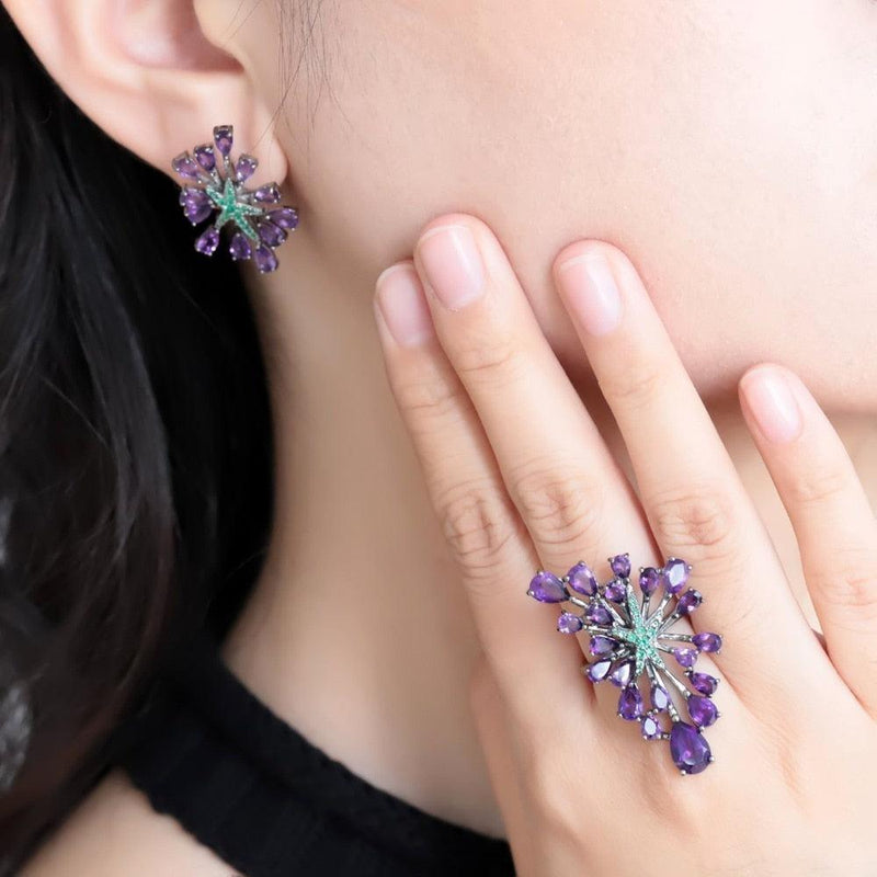 Amethyst Starburst Sterling Silver Ring and Earring Set - Lucid Fantasy 