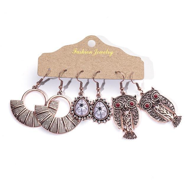 Ancient Bronze Owl Dangle Earring Trio - Bohemian Style Set - Lucid Fantasy 