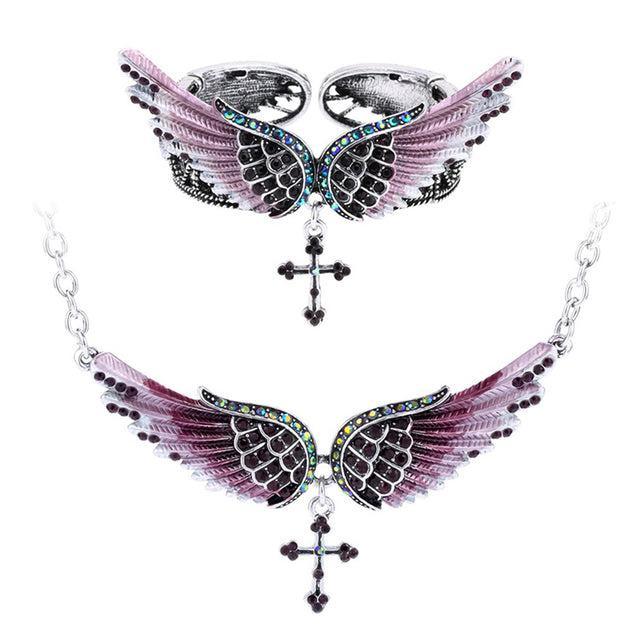 Angel Wing Jewelry Set - 2PCS Necklace & Bracelet with Crystal Accents - Lucid Fantasy 