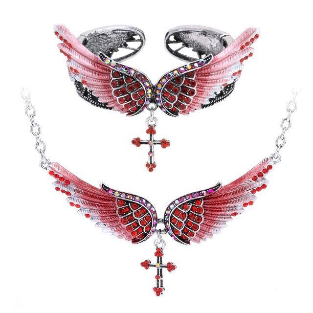 Angel Wing Jewelry Set - 2PCS Necklace & Bracelet with Crystal Accents - Lucid Fantasy 