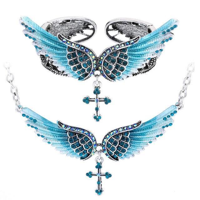 Angel Wing Jewelry Set - 2PCS Necklace & Bracelet with Crystal Accents - Lucid Fantasy 