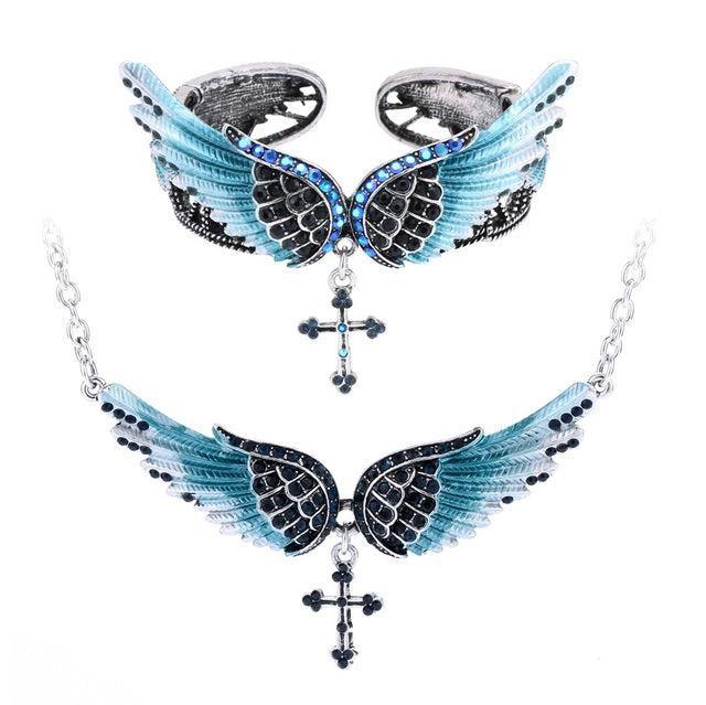 Angel Wing Jewelry Set - 2PCS Necklace & Bracelet with Crystal Accents - Lucid Fantasy 