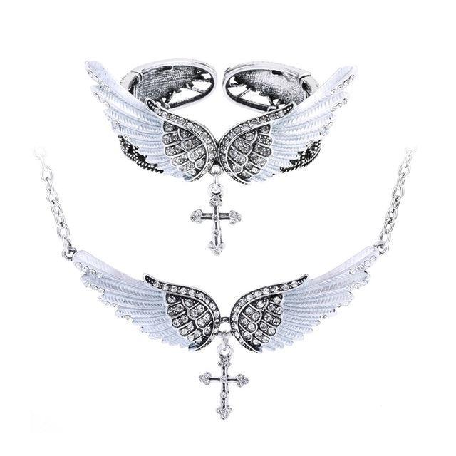 Angel Wing Jewelry Set - 2PCS Necklace & Bracelet with Crystal Accents - Lucid Fantasy 