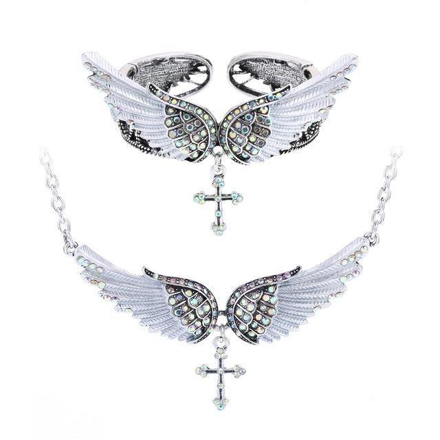 Angel Wing Jewelry Set - 2PCS Necklace & Bracelet with Crystal Accents - Lucid Fantasy 