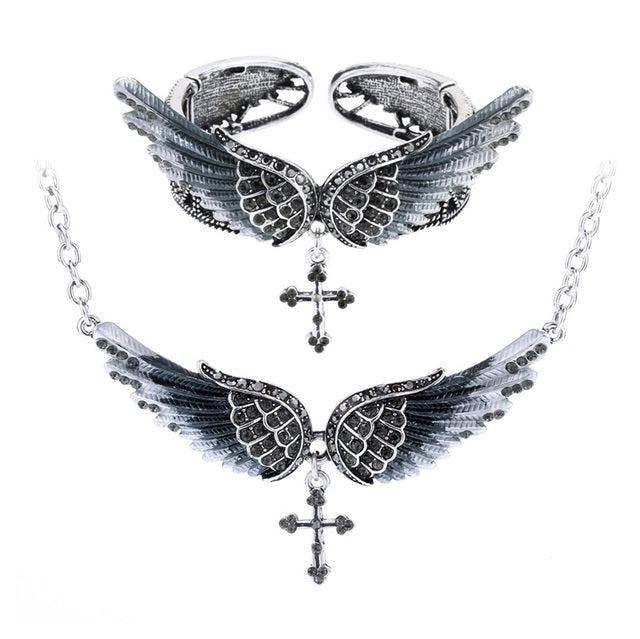 Angel Wing Jewelry Set - 2PCS Necklace & Bracelet with Crystal Accents - Lucid Fantasy 