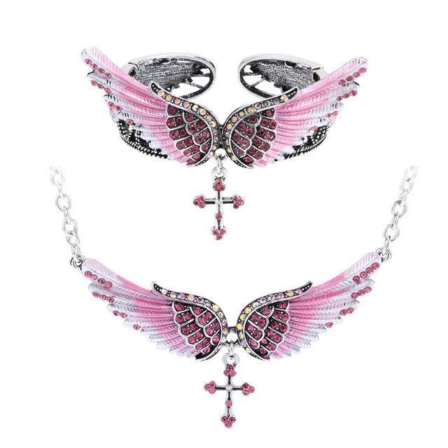 Angel Wing Jewelry Set - 2PCS Necklace & Bracelet with Crystal Accents - Lucid Fantasy 