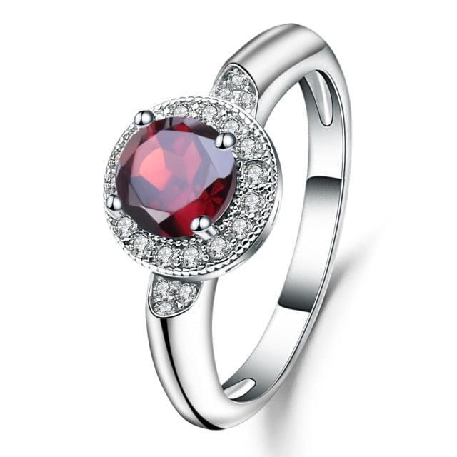 Antique-Style Sterling Silver Red Garnet Halo Ring with Cubic Zirconia Accents - Lucid Fantasy 