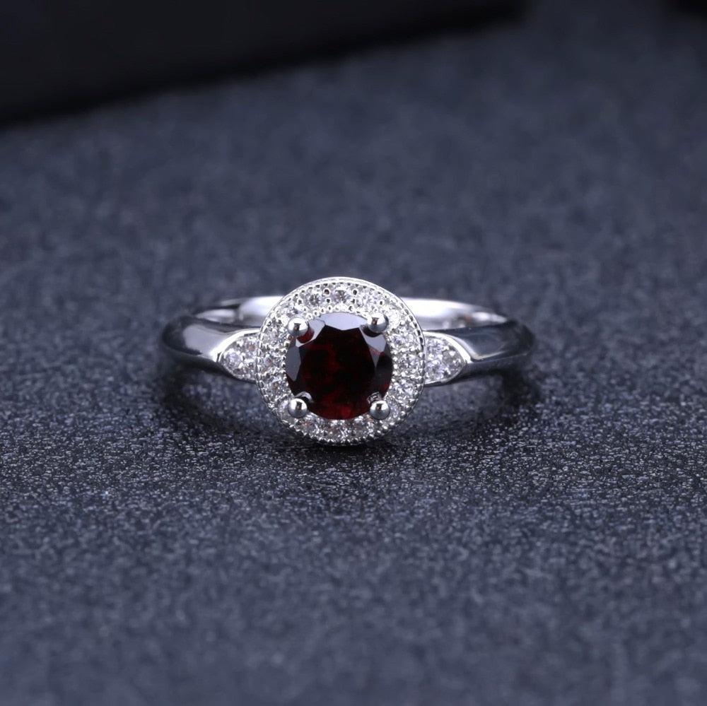 Antique-Style Sterling Silver Red Garnet Halo Ring with Cubic Zirconia Accents - Lucid Fantasy 