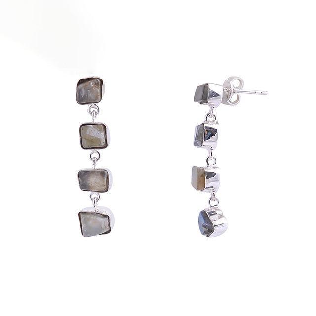 Artisan Crafted Longline Dangle Earrings with Rough Cut Labradorite in 925 Sterling Silver - Lucid Fantasy 