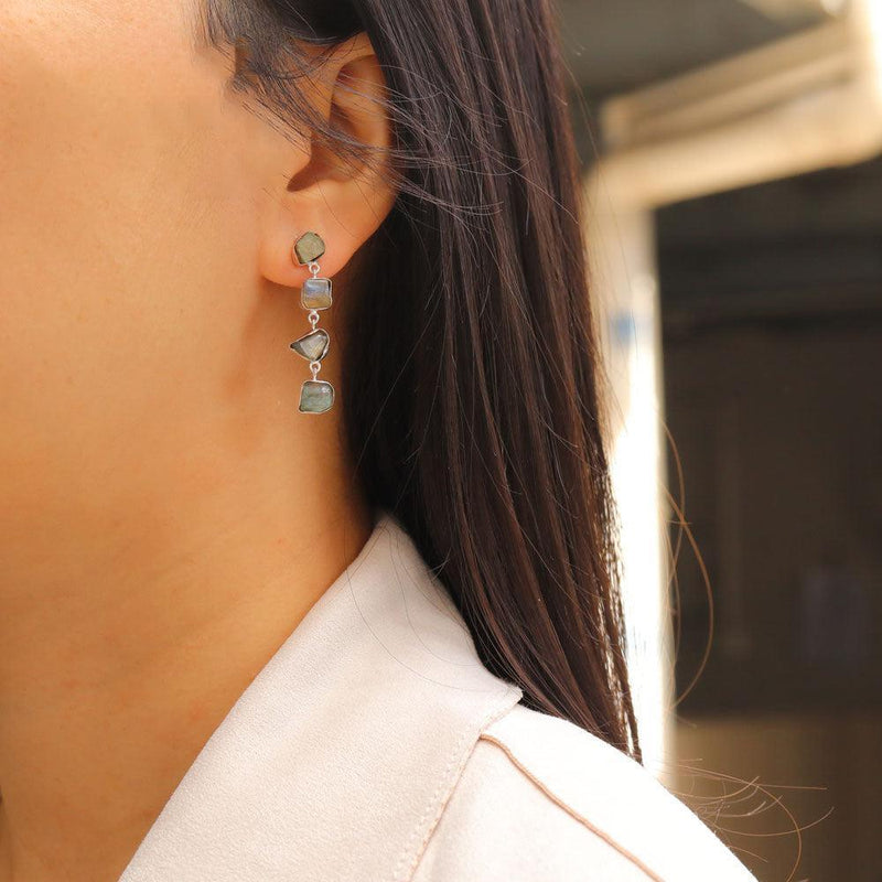 Artisan Crafted Longline Dangle Earrings with Rough Cut Labradorite in 925 Sterling Silver - Lucid Fantasy 