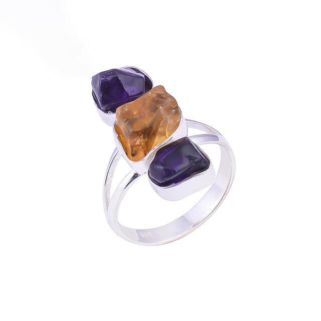 Artisan Crafted Sterling Silver Chunky Ring with Raw Amethyst and Citrine Gemstones - Lucid Fantasy 