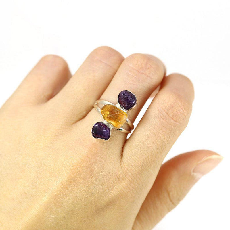 Artisan Crafted Sterling Silver Chunky Ring with Raw Amethyst and Citrine Gemstones - Lucid Fantasy 