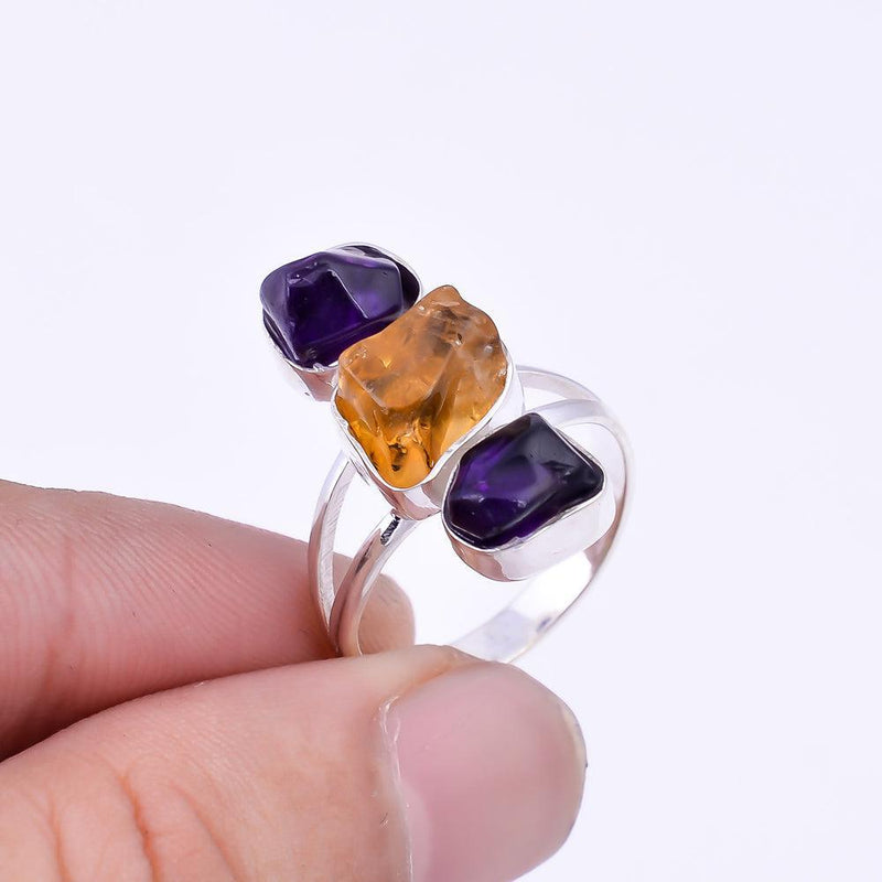 Artisan Crafted Sterling Silver Chunky Ring with Raw Amethyst and Citrine Gemstones - Lucid Fantasy 