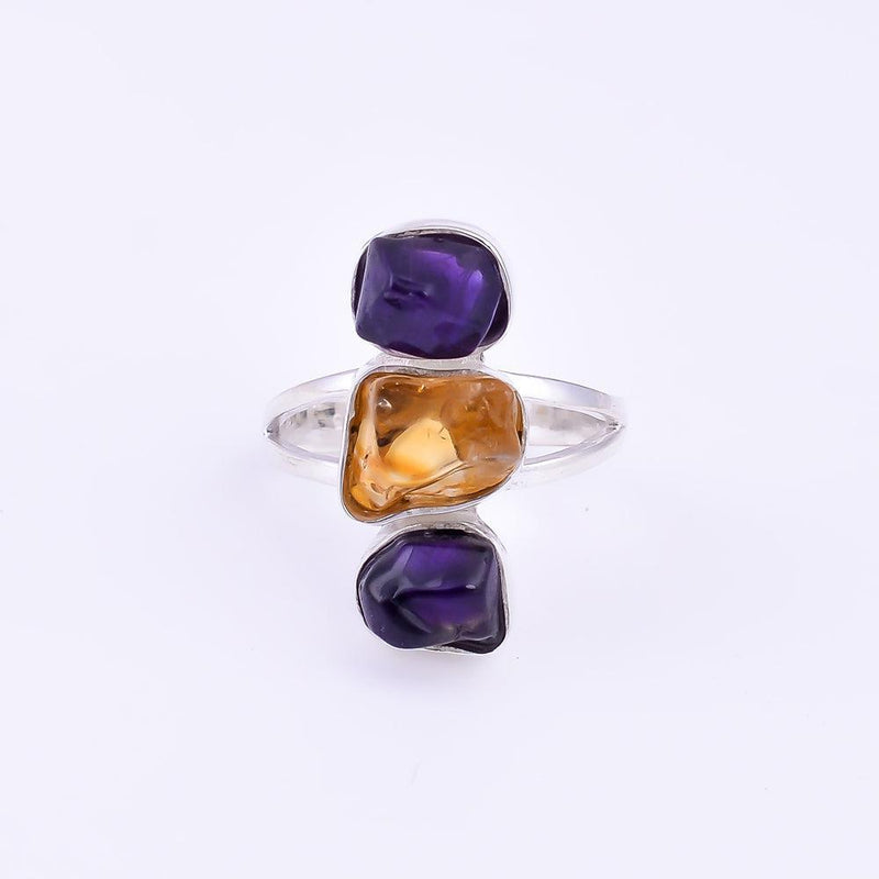 Artisan Crafted Sterling Silver Chunky Ring with Raw Amethyst and Citrine Gemstones - Lucid Fantasy 