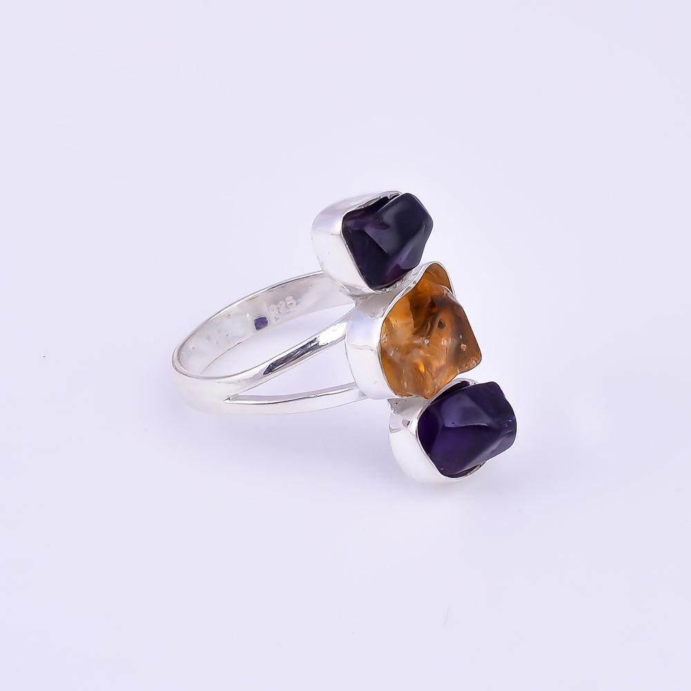 Artisan Crafted Sterling Silver Chunky Ring with Raw Amethyst and Citrine Gemstones - Lucid Fantasy 