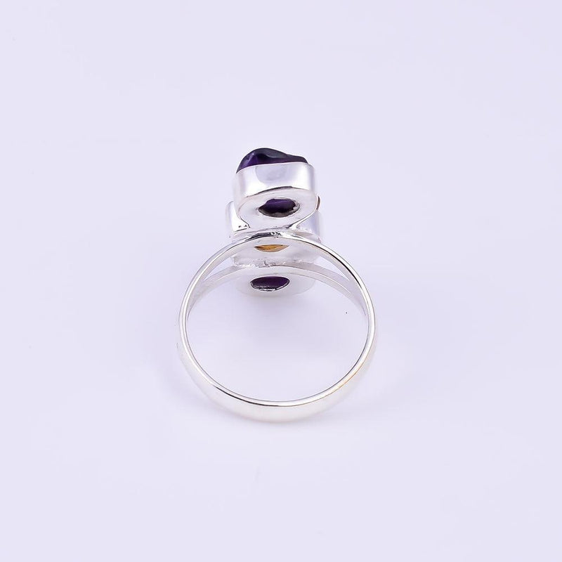 Artisan Crafted Sterling Silver Chunky Ring with Raw Amethyst and Citrine Gemstones - Lucid Fantasy 