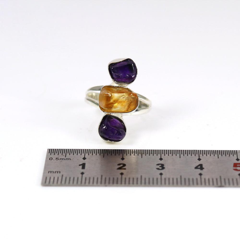 Artisan Crafted Sterling Silver Chunky Ring with Raw Amethyst and Citrine Gemstones - Lucid Fantasy 