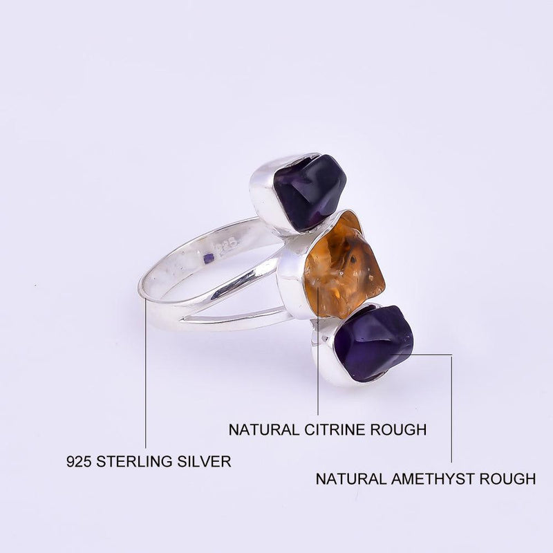 Artisan Crafted Sterling Silver Chunky Ring with Raw Amethyst and Citrine Gemstones - Lucid Fantasy 