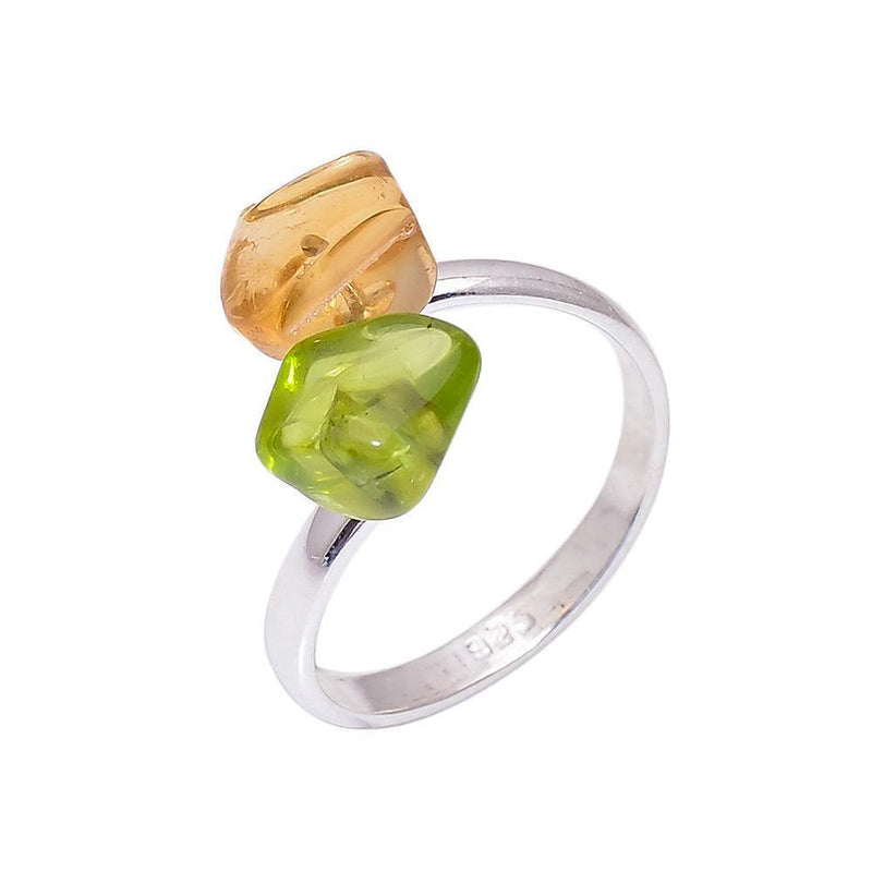 Artisan Crafted Sterling Silver Rough Cut Peridot and Citrine Bohemian Statement Ring - Lucid Fantasy 