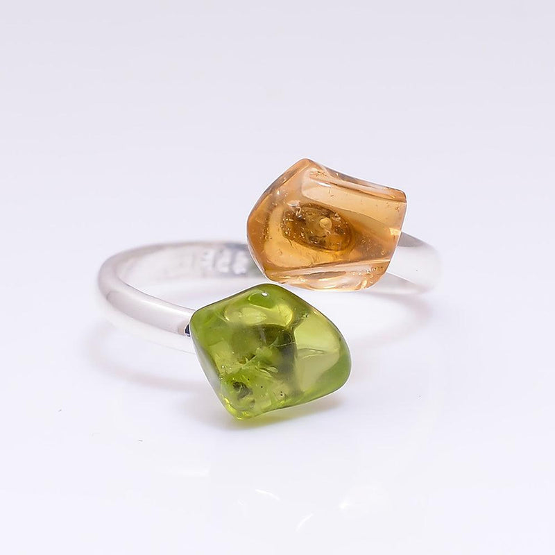 Artisan Crafted Sterling Silver Rough Cut Peridot and Citrine Bohemian Statement Ring - Lucid Fantasy 